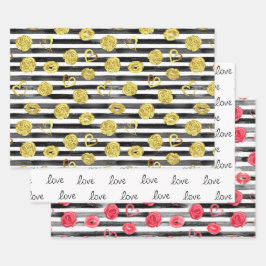 Liefde, harten, lippen, Rozen en strepen Inpakpapier Vel