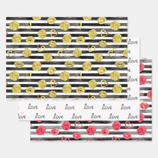Liefde, harten, lippen, Rozen en strepen Inpakpapier Vel (Set)