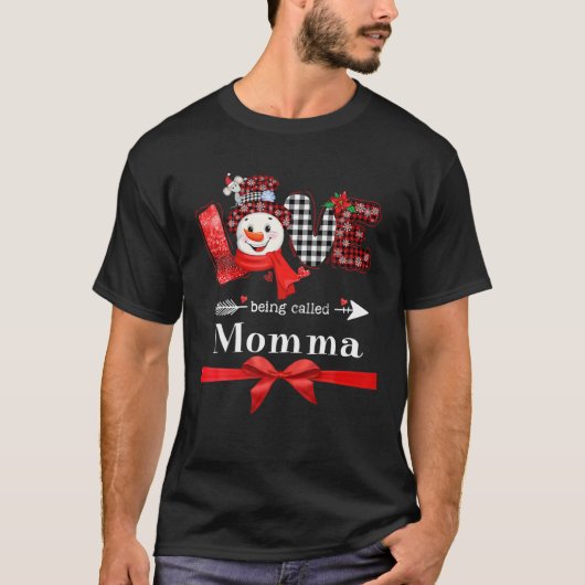 Liefde heet Momma Snowman Kerstmis Red Plai T-shirt (Voorkant)