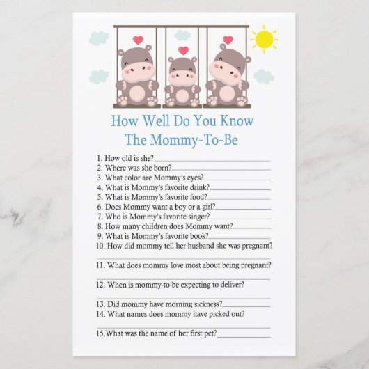 Liefde hippo Hoe goed ken je het baby shower spel? (Voorkant)