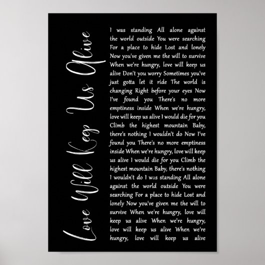 Liefde houdt ons live Black Script Song Lyric Poster (Voorkant)