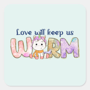 Liefde houdt ons warm Schattige eenhoornwinter Vierkante Sticker