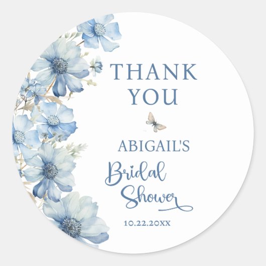 LIEFDE IN BLOEI BLAUWE BLOEMEN BRUIDSSHOWER RONDE STICKER (Voorkant)