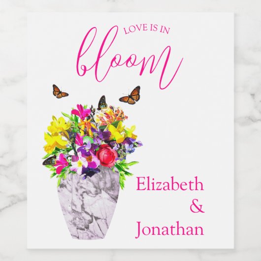 Liefde in bloei bloemenbruiloft wijn etiket (Enkel label)