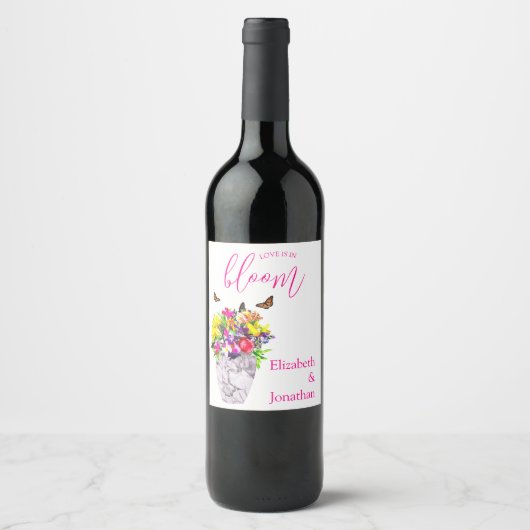Liefde in bloei bloemenbruiloft wijn etiket (Voorkant)
