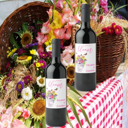 Liefde in bloei bloemenbruiloft wijn etiket