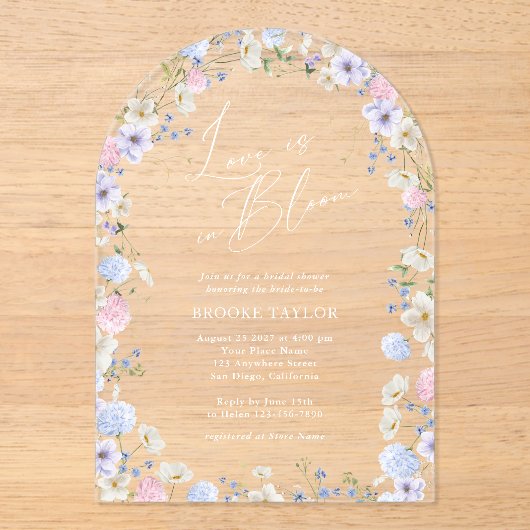 Liefde in bloei bloemig roze Paarse Vrijgezellenfe Acryl Uitnodigingen (Voorkant)