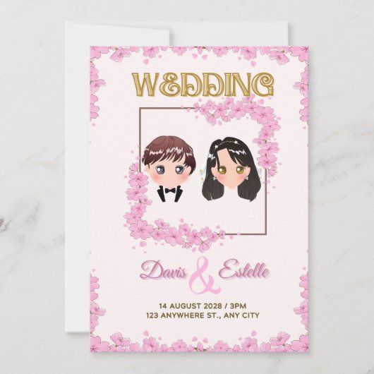 Liefde in bloei: Kawaii Kersenbloesem Bruiloft Kaart (Voorkant)