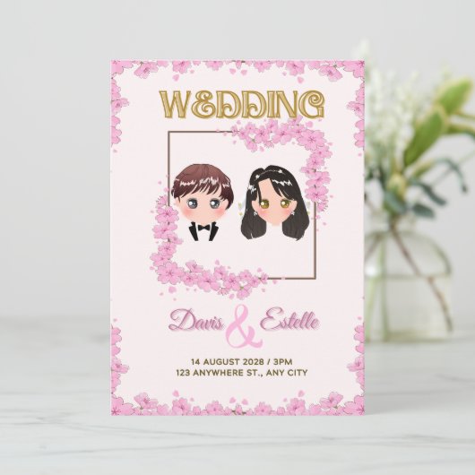 Liefde in bloei: Kawaii Kersenbloesem Bruiloft Kaart (Staand voorkant)