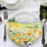 Liefde in bloei lente zomerbloem vrijgezellenfeest papieren bordje<br><div class="desc">Liefde in bloei lente zomerbloem vrijgezellenfeest sjabloon party borden gepersonaliseerd vrijgezellenfeest servies,  waterverf lente bloemenvelden gele boterkoppen witte wilde madeliefjes vrijgezellenfeest bewerkbare sjabloon borden</div>