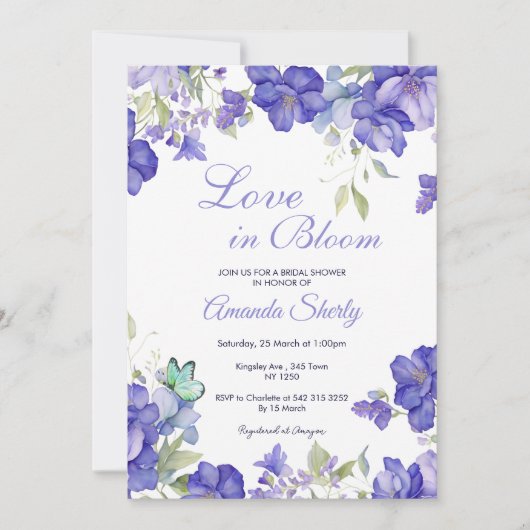 Liefde in bloei Paarse bruids douche uitnodiging (Voorkant)