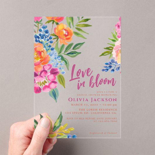 Liefde in bloei Vetgedrukte bloemen Kleurrijk vrij Acryl Uitnodigingen (Insitu (Draagbaar))