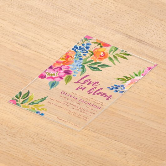 Liefde in bloei Vetgedrukte bloemen Kleurrijk vrij Acryl Uitnodigingen (Laagn)