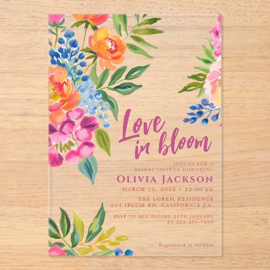 Liefde in bloei Vetgedrukte bloemen Kleurrijk vrij Acryl Uitnodigingen (Voorkant)