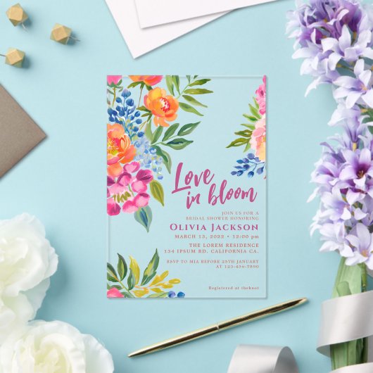 Liefde in bloei Vetgedrukte bloemen Kleurrijk vrij Acryl Uitnodigingen (Insitu (Huwelijk))