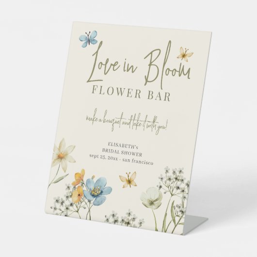 Liefde in bloei vrijgezellenfeest bloembalk teken reclamebord met voetstuk (Voorkant)