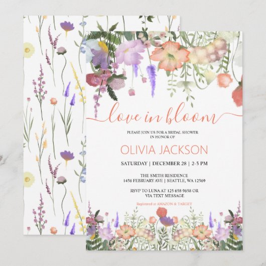 Liefde in bloei Wildflower Bruidsdouche Uitnodigin Feestdagenkaart (Voorkant / Achterkant)