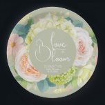Liefde in Bloom Bloemen Vrijgezellenfeest Papieren Bordje<br><div class="desc">De woorden "Love in Bloom" en uw vrijgezellenfeest details worden begrensd met prachtige waterverf van witte en groene hortensia's met roze en crème rozen,  madeliefjes,  kleine bloesems en bladeren op dit papier borden met een salie groene achtergrond of elke kleur die u kiest. OVEREENKOMENDE objecten in ons collectie.</div>