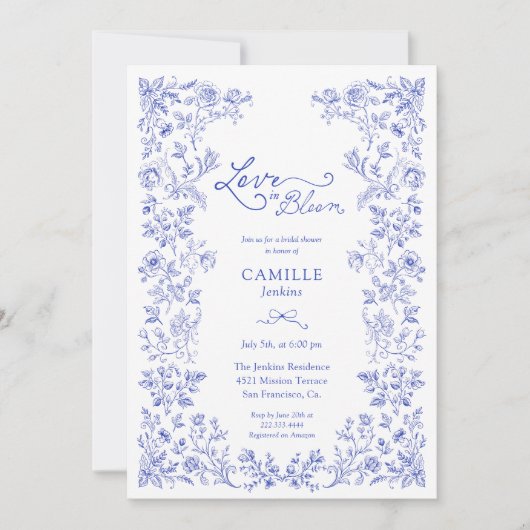 Liefde in Bloom Blue Floral Bruids Douche Uitnodig Kaart (Voorkant)
