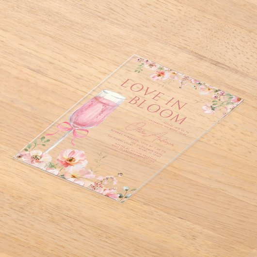 Liefde in Bloom Champagne Roze Boog Vrijgezellenfe Acryl Uitnodigingen (Laagn)