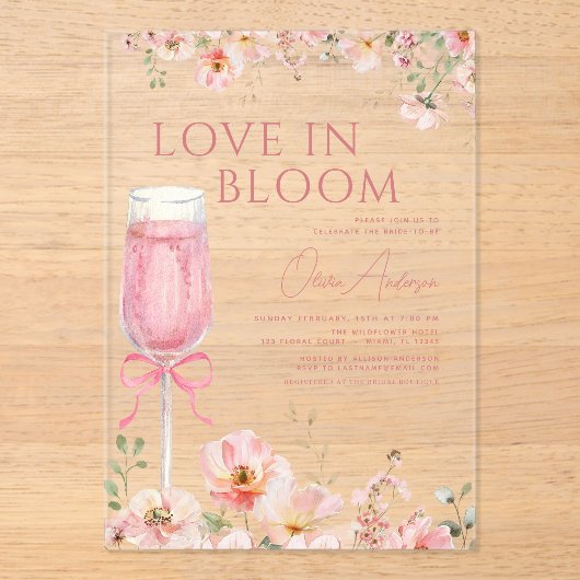 Liefde in Bloom Champagne Roze Boog Vrijgezellenfe Acryl Uitnodigingen (Voorkant)