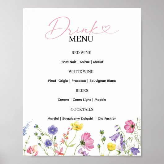 Liefde in Bloom Drink Menu Sign | Wildflower-thema Poster (Voorkant)