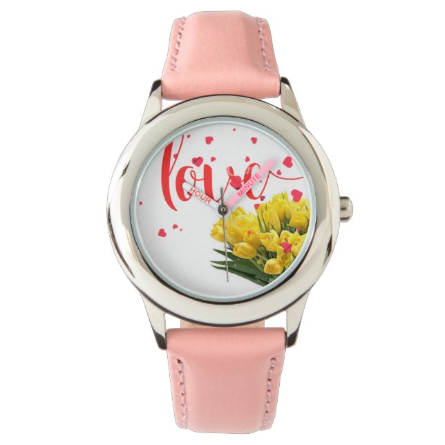 Liefde in Bloom – Elegant Bloemenhorloge met Roze  Horloge (Voorkant)
