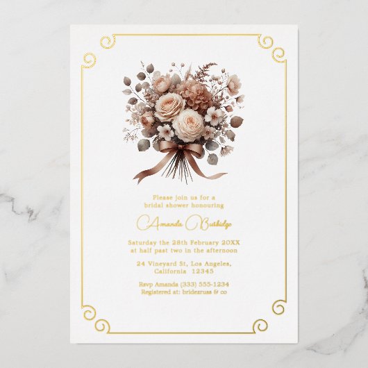 Liefde in Bloom Mocha Mousse Bloemen Vrijgezellenf Folie Uitnodiging (Voorkant)