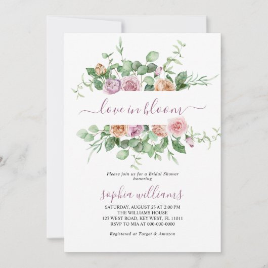 Liefde in Bloom Paarse Roos Bridal Shower Invitati Kaart (Voorkant)