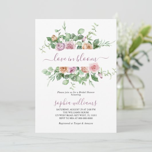 Liefde in Bloom Paarse Roos Bridal Shower Invitati Kaart (Staand voorkant)