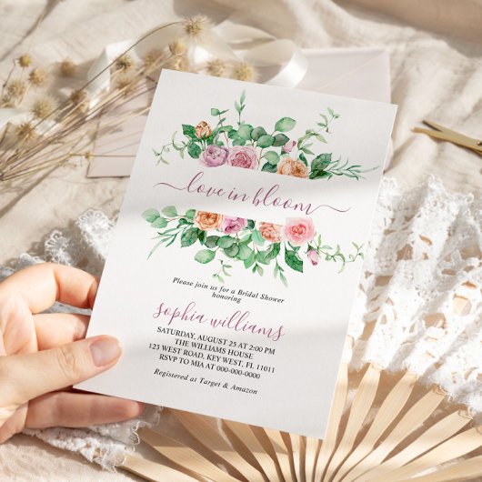 Liefde in Bloom Paarse Roos Bridal Shower Invitati Kaart