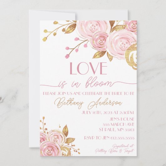Liefde in Bloom Pink & Gold Bridal Shower Uitnodig Kaart (Voorkant)