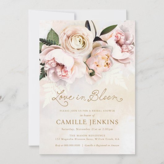 Liefde in Bloom Roze Bloemen Bruids Douche Uitnodi Kaart (Voorkant)