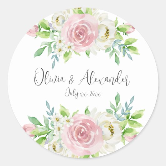 Liefde in Bloom, roze Waterverf Floral Wedding Ronde Sticker (Voorkant)