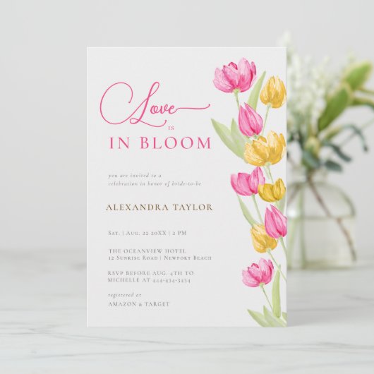 Liefde in Bloom Tulips Calligraphy Vrijgezellenfee Kaart (Staand voorkant)