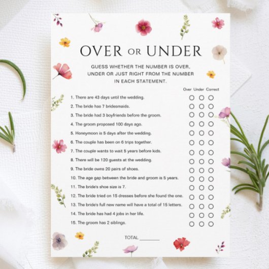 Liefde in Bloom Vrijgezellenfeest Over & Onder Gam Kaart