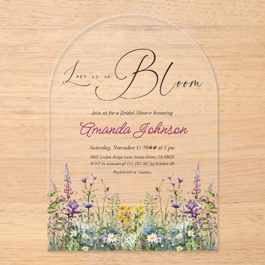 Liefde in Bloom Wildflower Floral Vrijgezellenfees Acryl Uitnodigingen (Voorkant)