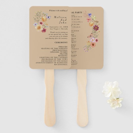 Liefde In Bloom Wildflower Trouwprogramma Hand Fan Handwaaier (Voorkant en achterkant)