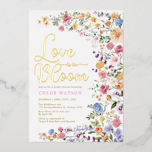 Liefde in Bloom Wildflower Vrijgezellenfeest Folie Uitnodiging (Voorkant)