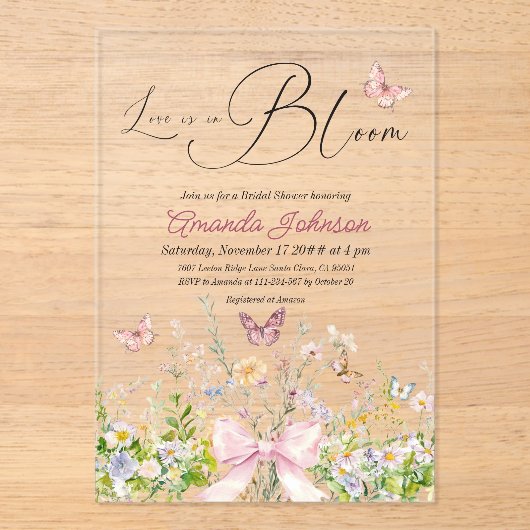 Liefde in Boom Wildflower Pink Bow Vrijgezellenfee Acryl Uitnodigingen (Voorkant)