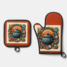 Liefde in de keuken: zilveren gewatteerde ovenwant ovenwant & pannenlap set