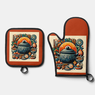 Liefde in de keuken: zilveren gewatteerde ovenwant ovenwant & pannenlap set