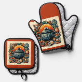 Liefde in de keuken: zilveren gewatteerde ovenwant & pannenlap set (Voorkant / Achterkant)