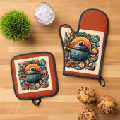 Liefde in de keuken: zilveren gewatteerde ovenwant & pannenlap set (Top down)