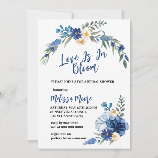 Liefde in de Waterverf van Bloom Royal Blue Flower Kaart (Voorkant)