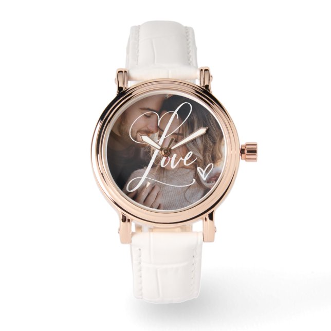 Liefde in elegant script | Foto met hart Horloge (Voorkant)