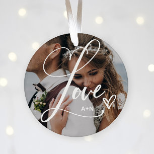 Liefde in Elegant Script   Twee foto's met hart Keramisch Ornament