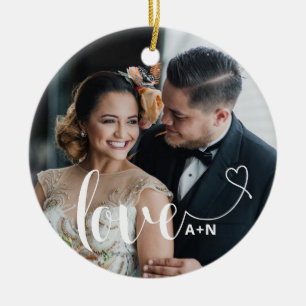 Liefde in Elegant Script   Twee foto's met hart Keramisch Ornament