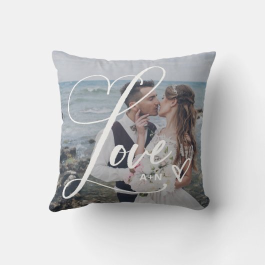 Liefde in elegante script | Twee foto's met hart Kussen (Achterkant)