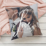 Liefde in elegante script | Twee foto's met hart Kussen<br><div class="desc">Deze prachtige kussen bevat het woord "Liefde" in elegante,  kronkelige kalligrafie,  met twee van je favoriete foto's en een handgeschreven gekrabbeld hart. Je kan de initialen of monogram toevoegen,  of de naam van een geliefde zoals je moeder,  oma,  familie of partner. Maakt ook een perfect huwelijksaandenken voor de pasgetrouwden.</div>